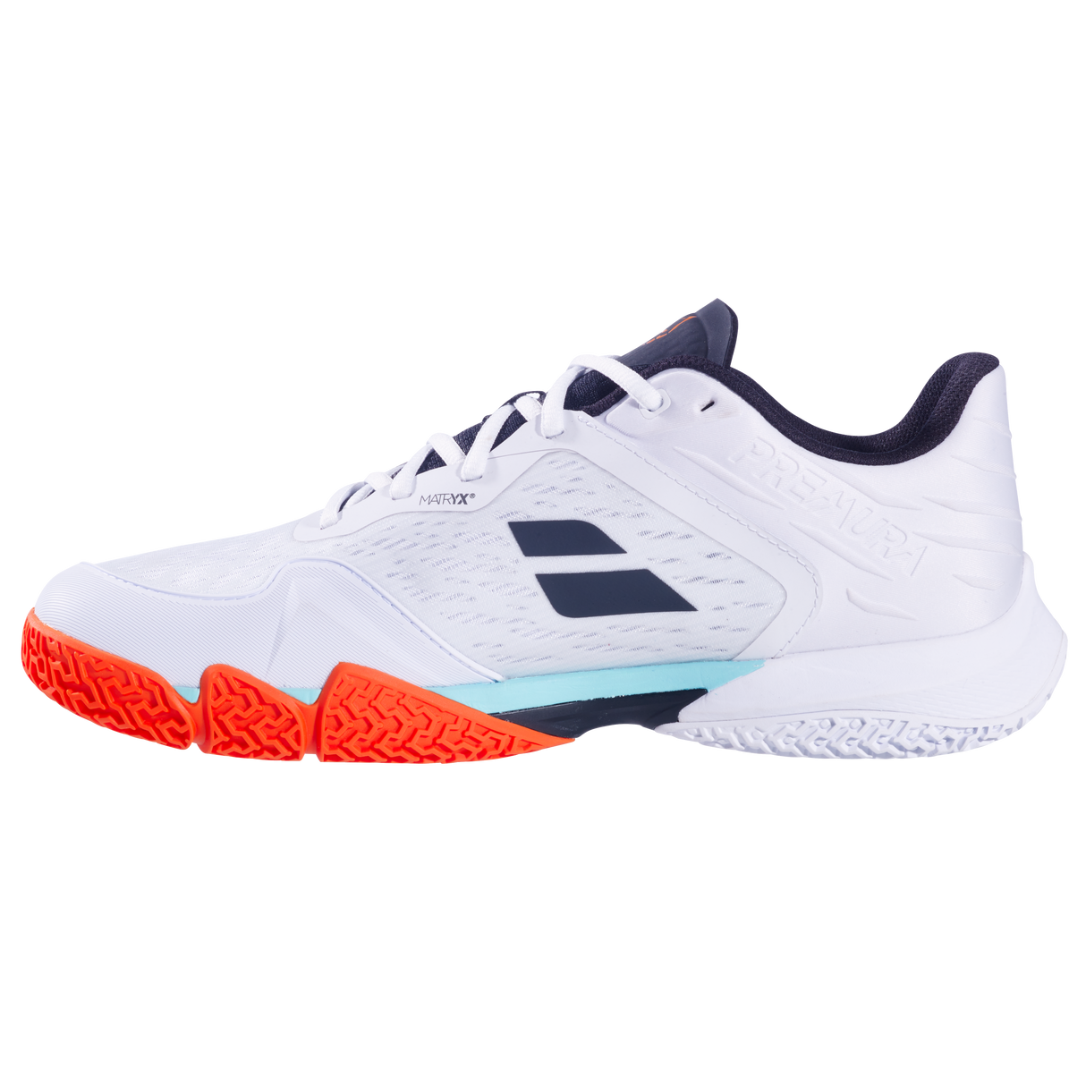 Chaussures de padel Babolat Jet Premura 3 pour hommes, blanc et orange, avec semelle antidérapante et design sportif.
