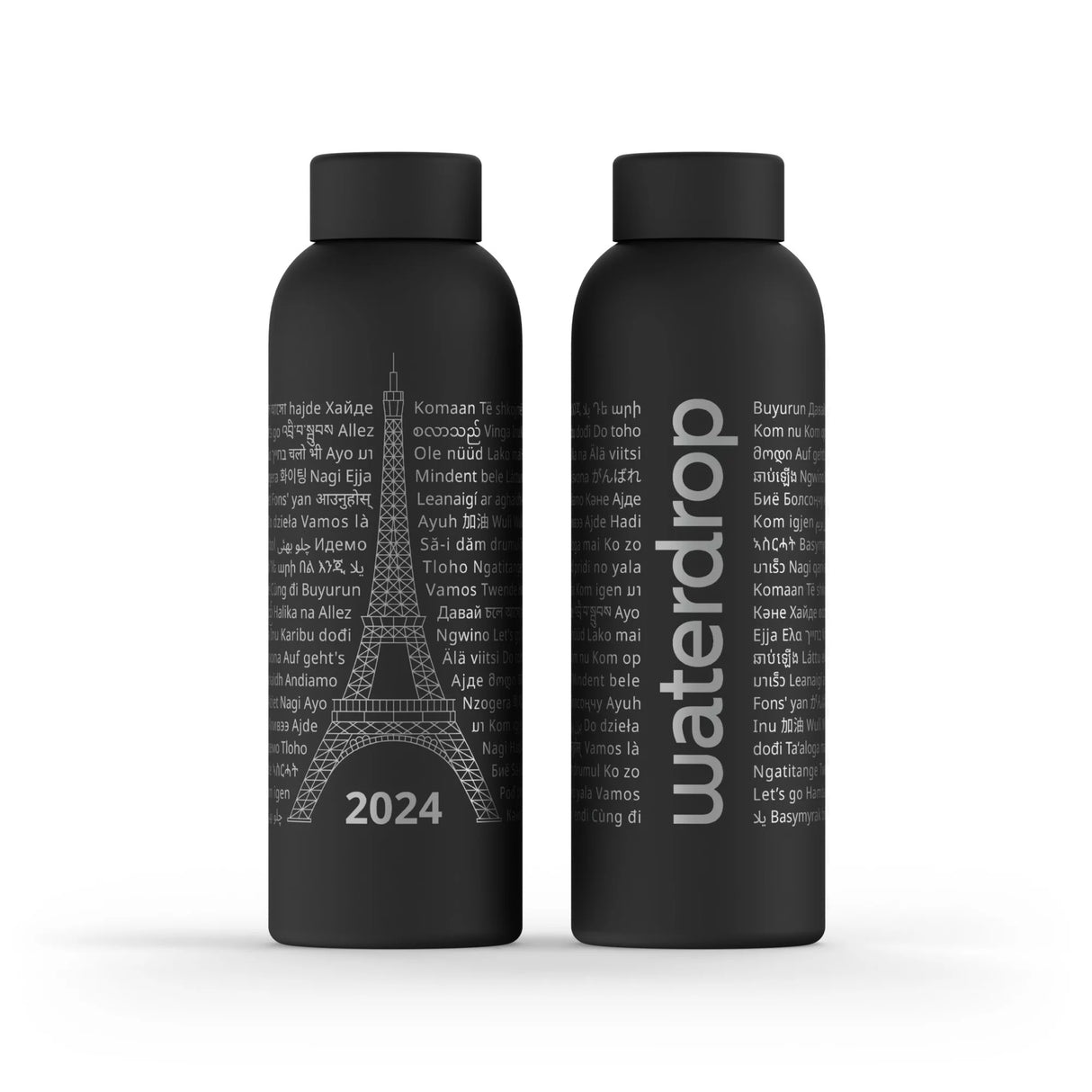Vue avant de la Bouteille Thermo Waterdrop Paris 2024 Noir 600ml