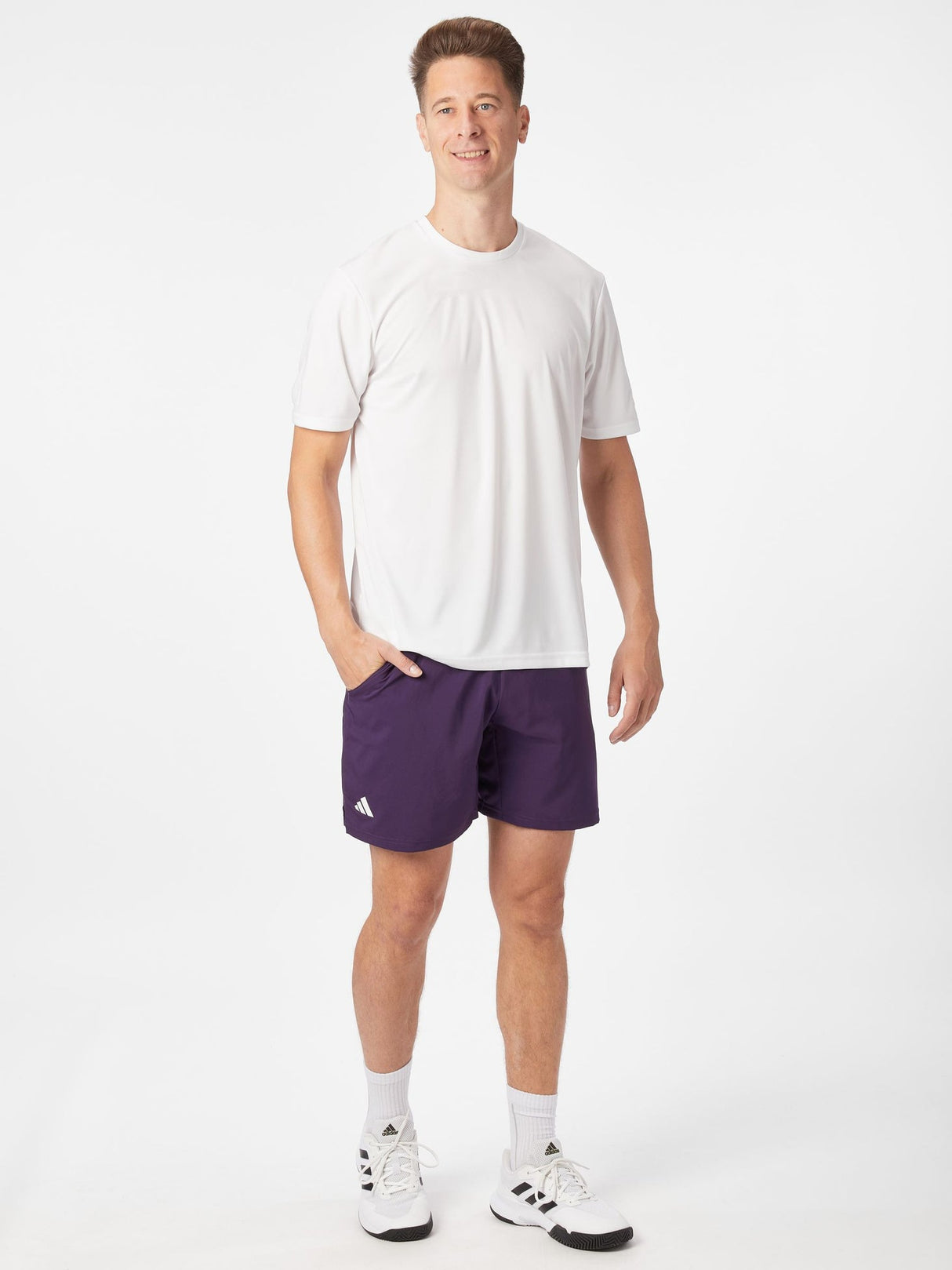 ClimaCool Adidas Club 3 Stripes Aurora Plum shorts for athletes.

