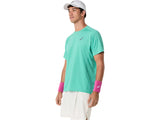 T-shirt de padel pour hommes Asics Game SS Top en vert Aurora, tissu léger et respirant, vue de face sur fond blanc.