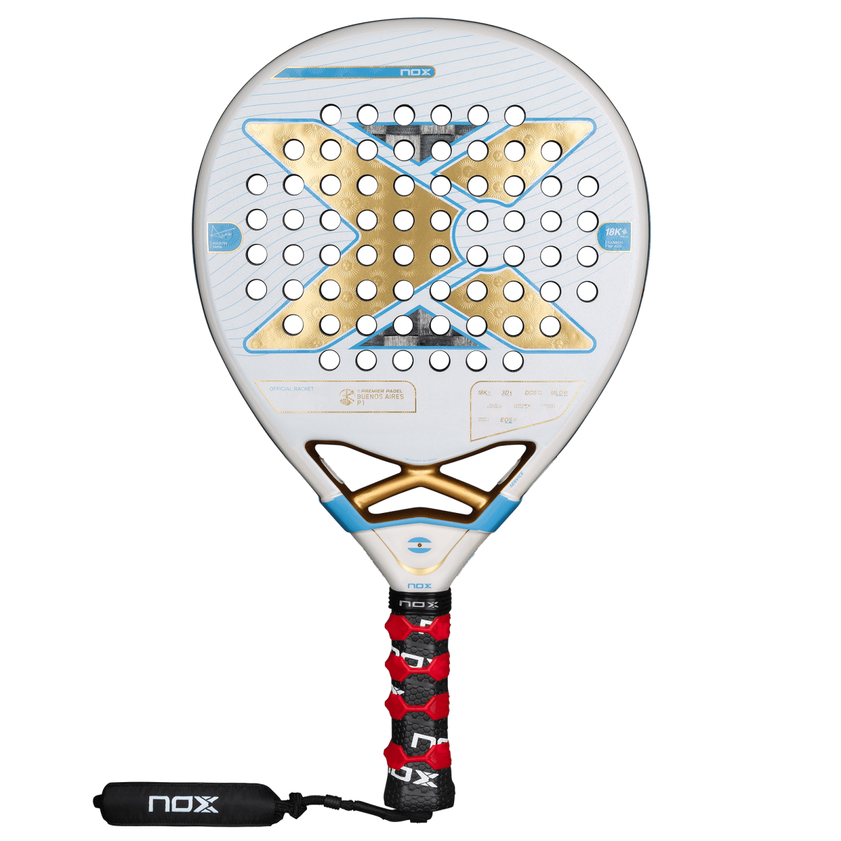 Close-up of Nox AT10 Genius 18K Alum Buenos Aires padel racket design

