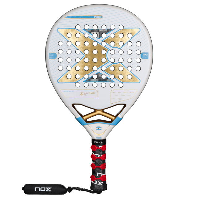 Close-up of Nox AT10 Genius 18K Alum Buenos Aires padel racket design

