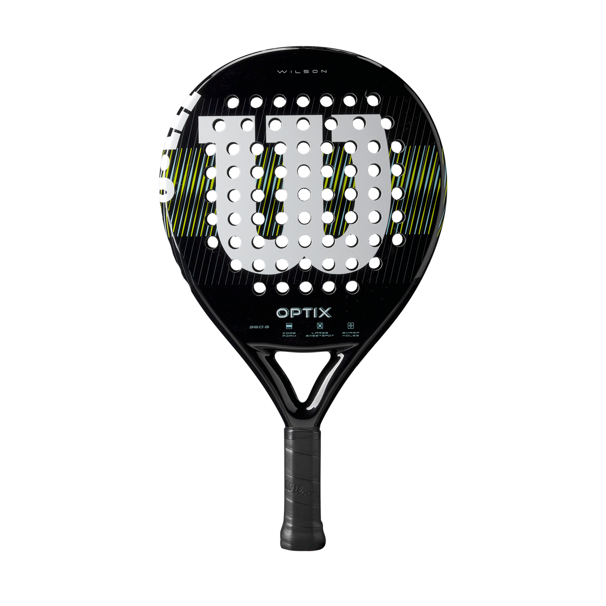 Détail de la raquette Wilson Optix V1 Black sur terrain

