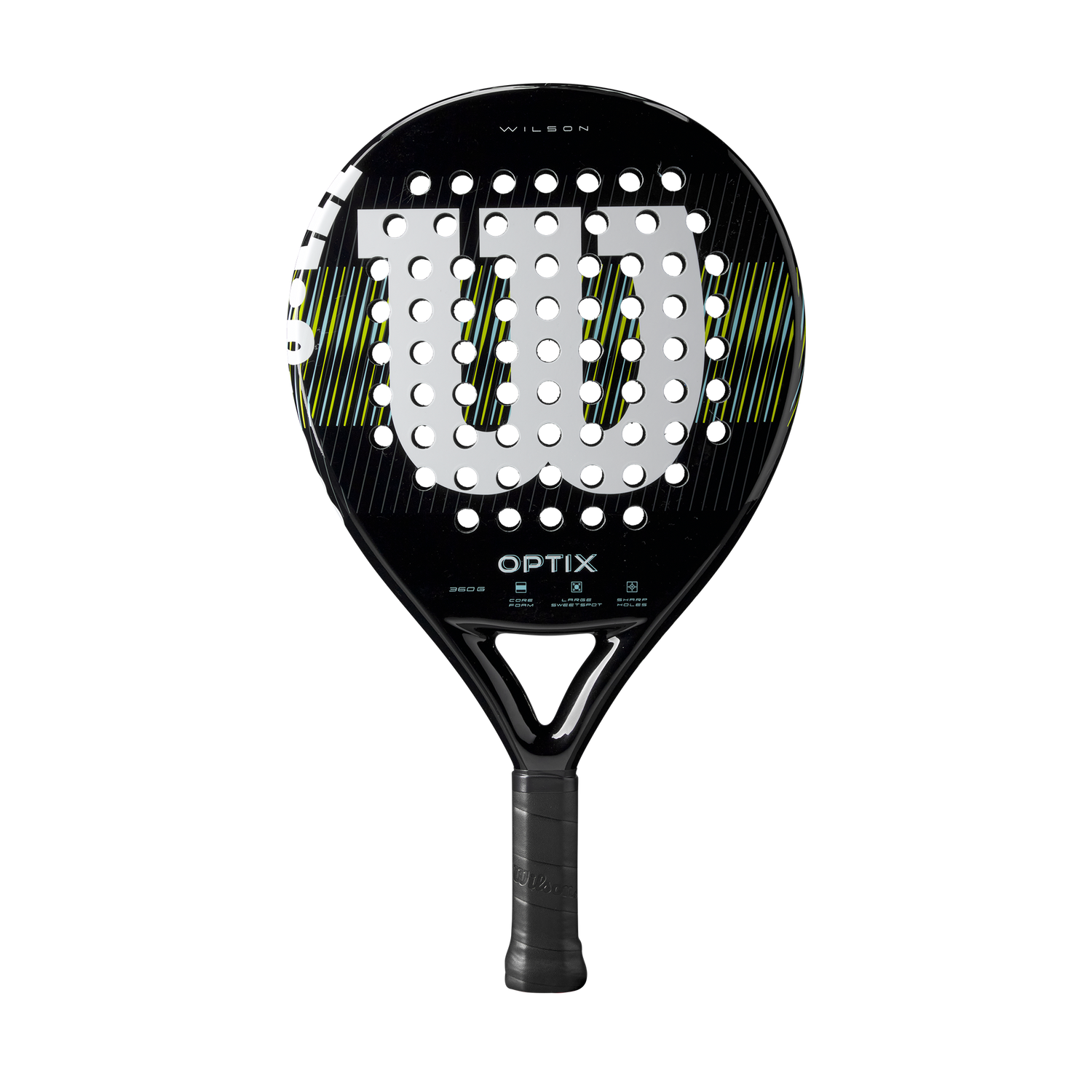 Détail de la raquette Wilson Optix V1 Black sur terrain

