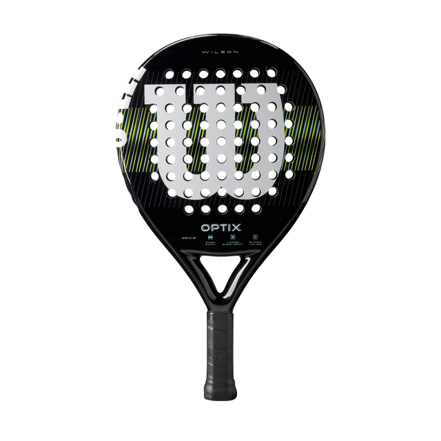 Détail de la raquette Wilson Optix V1 Black sur terrain

