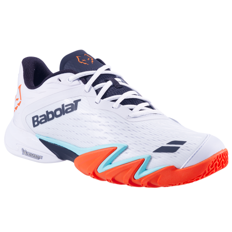Chaussures de padel Babolat Jet Premura 3 pour hommes en blanc et orange, avec semelle adaptée pour le sport.