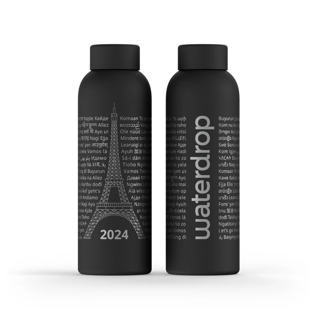  Vue avant de la Bouteille Thermo Waterdrop Paris 2024 Noir 600ml