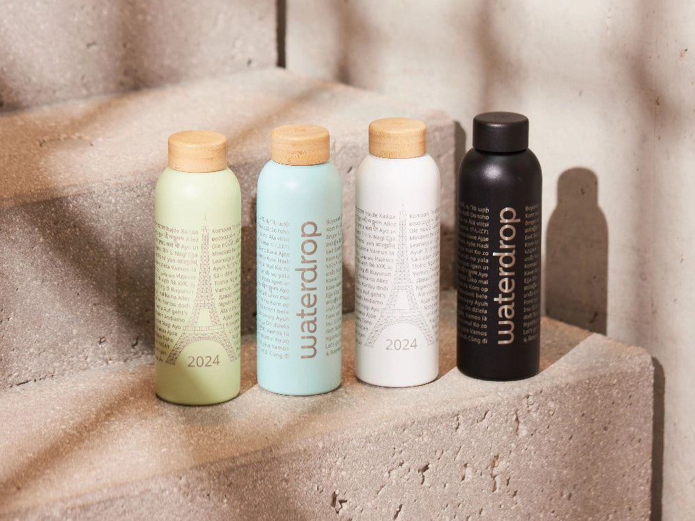 Vue latérale de la Bouteille Thermo Waterdrop Paris 2024 Noir 600ml