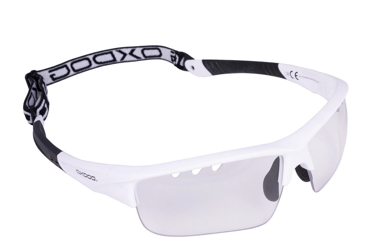 Lunette Oxdog Spectrum Eyewear blanc, vue de face et détails de conception